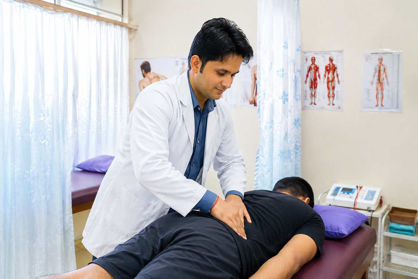 Dr. Gajendra Vishwakarma (PT) treating a patient at Advanced Physiotherapy Bone & Spine Clinic, Bhopal